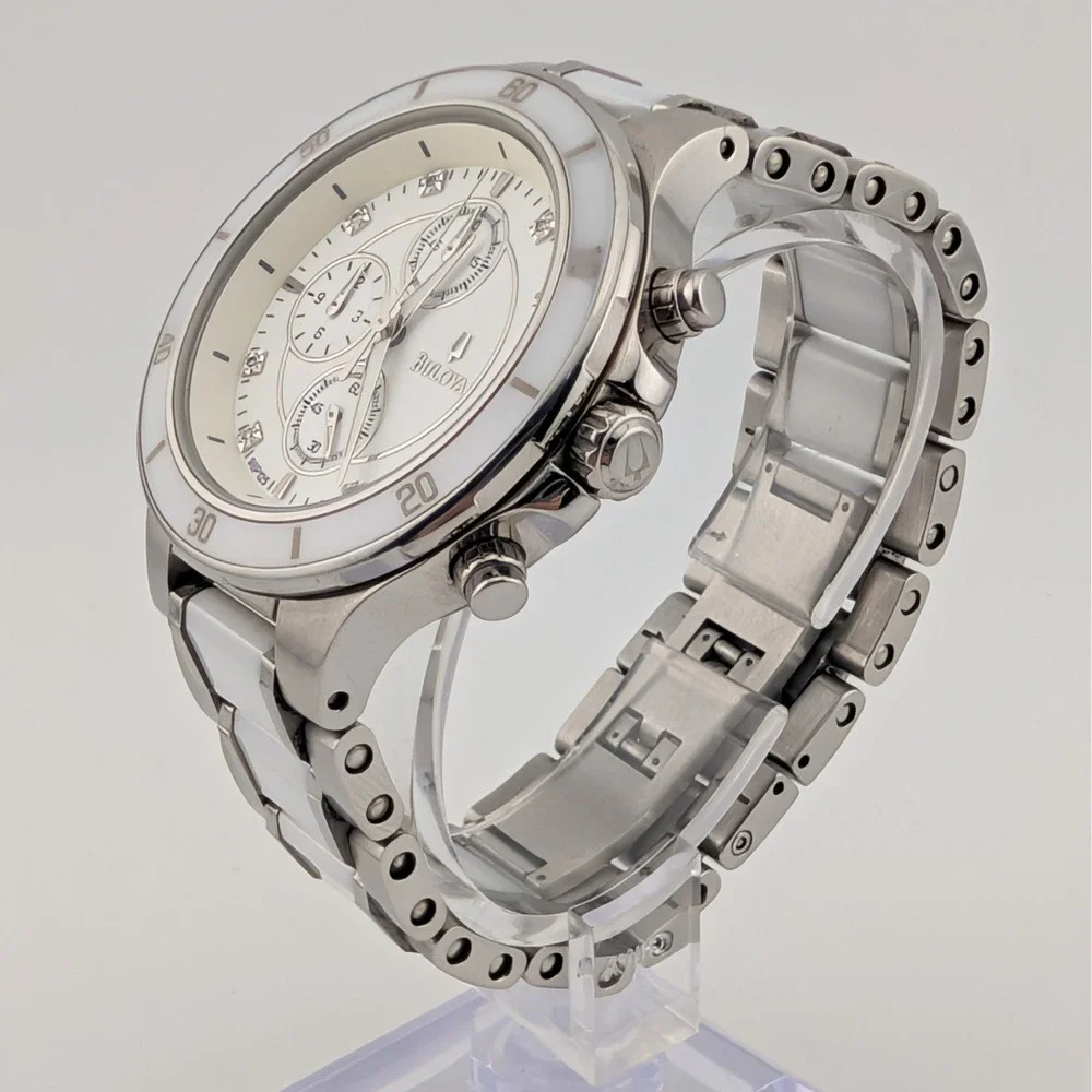Bulova 98P125 Diamond Chronograph White Ceramic SS Women's Watch 40mm 6